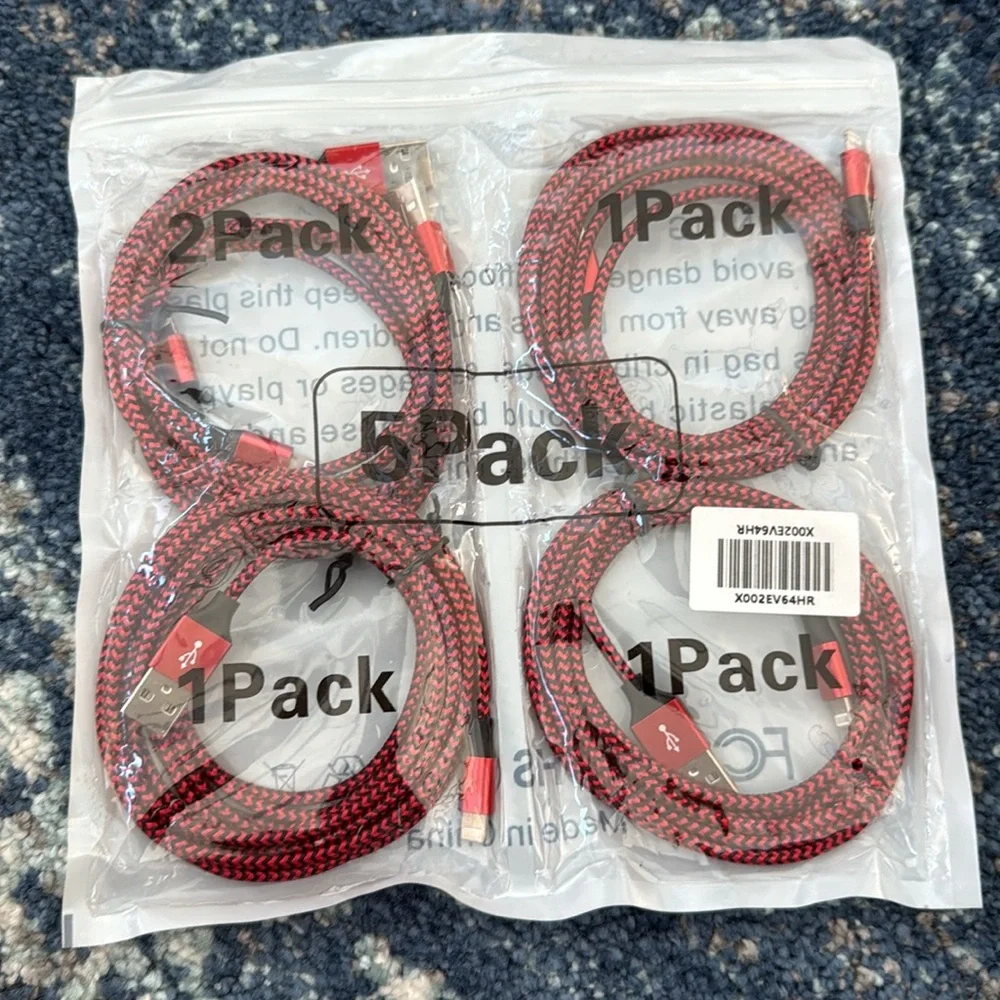 Braided USB Charging Cable 5-Pack for iPhone - Red